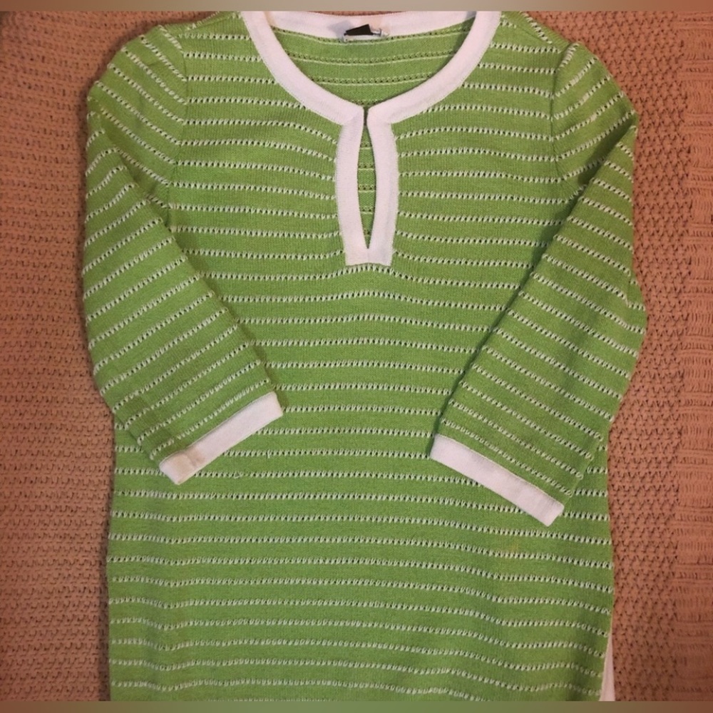 ST JOHN Sport Key Hole Green and White Stripe Knit Sweater Top M